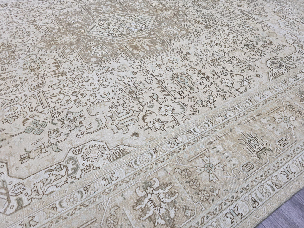 Oversized Vintage Turkish Oushak Rug: 9.6x12.5 ft, Neutral Beige Wool