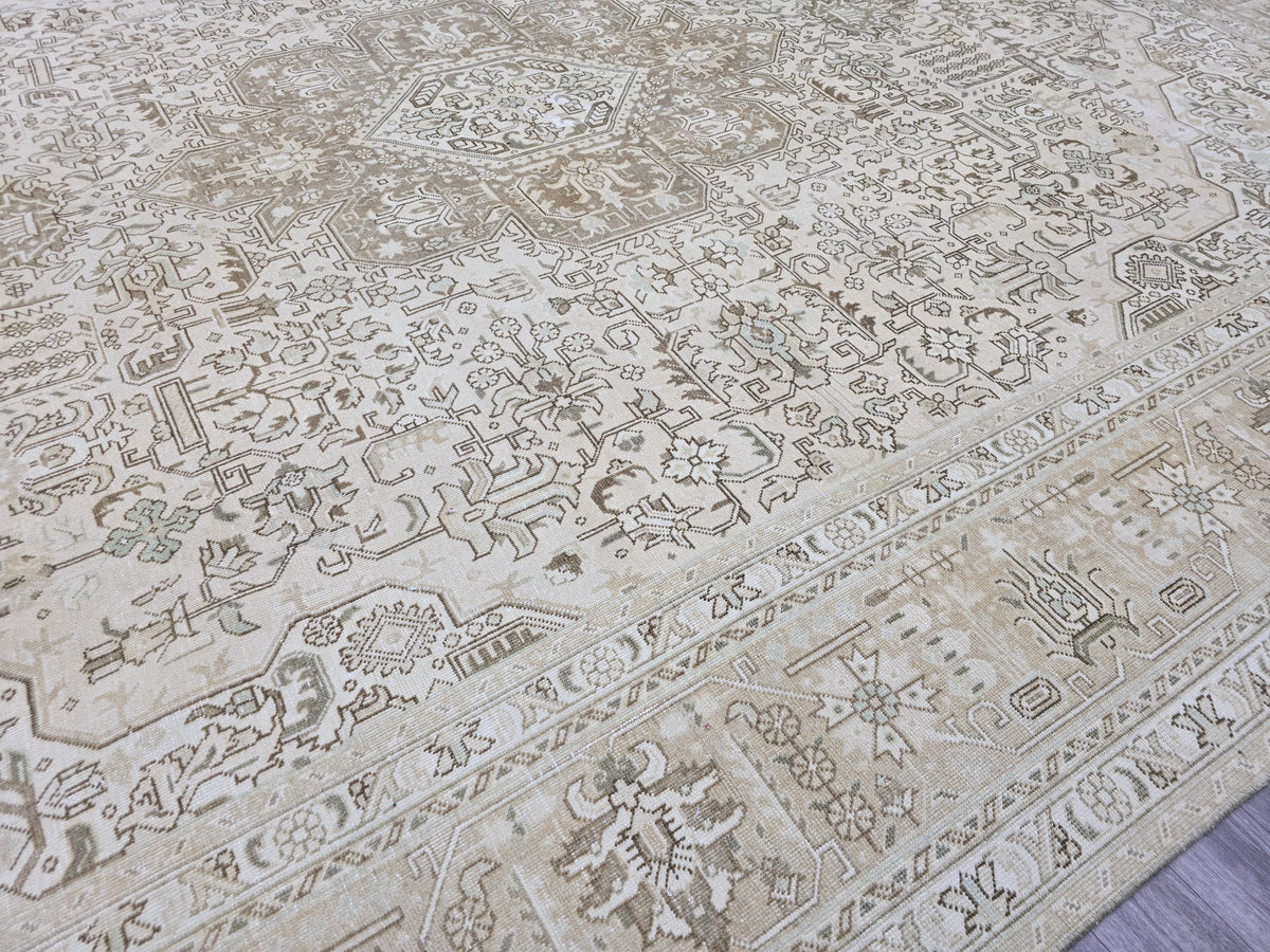 Oversized Vintage Turkish Oushak Rug: 9.6x12.5 ft, Neutral Beige Wool