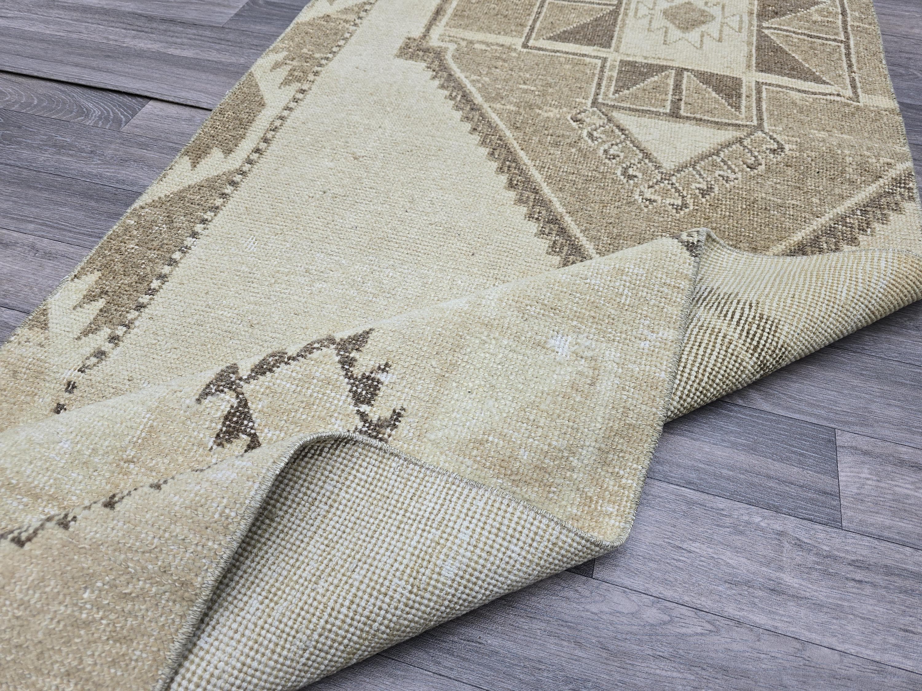 Vintage Anatolian Runner Rug: Cream Beige Wool Hallway Carpet, 3x13 Boho Rug