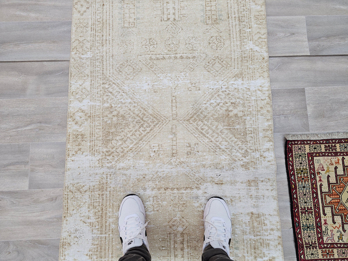 Hand Knotted Wool Runner Rug: Neutral Beige Turkish Oushak, 3x11