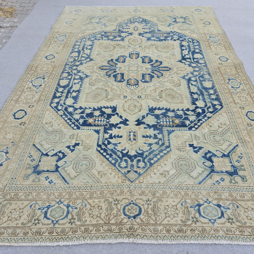 7x10 Vintage Oushak Rug Blue Cream Geometric Hand Knotted Turkish Area Carpet