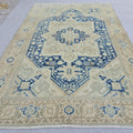 7x10 Vintage Oushak Rug Blue Cream Geometric Hand Knotted Turkish Area Carpet