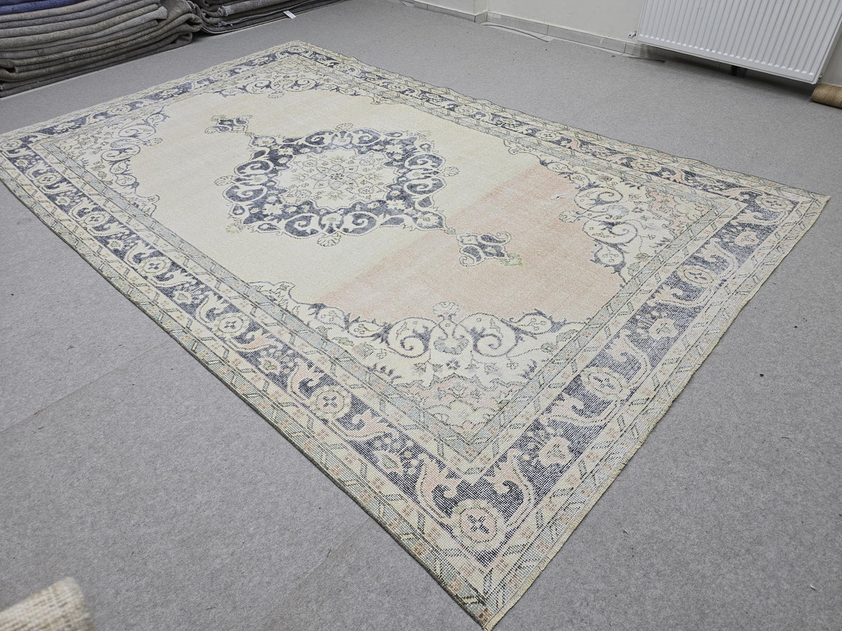 Turkish Rug 7x11, Vintage Navy Blue Cream Medallion Area Rug, Handknotted Oushak Style Carpet for Living Room Boho Decor