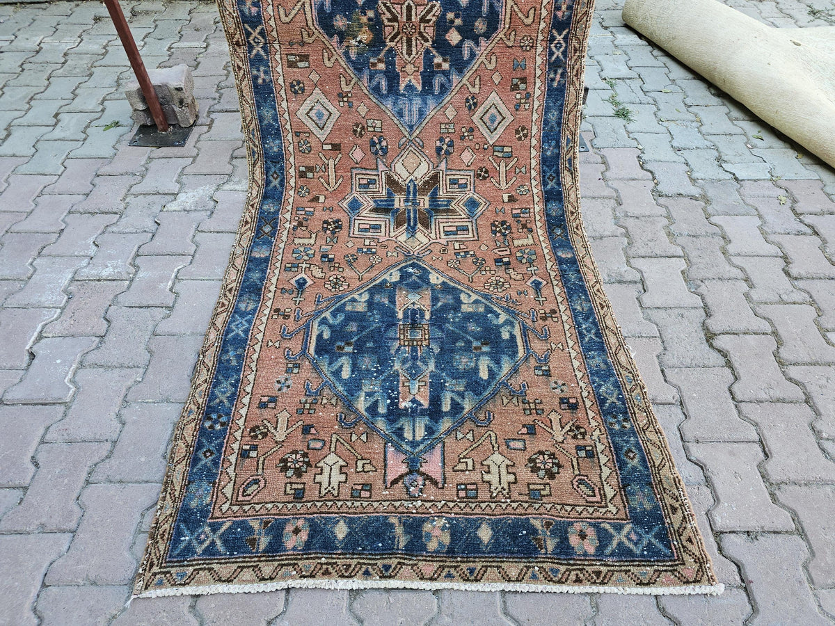 Antique Wool Runner Rug: Hand-Knotted Geometric Design (3.50x10.60 ft)