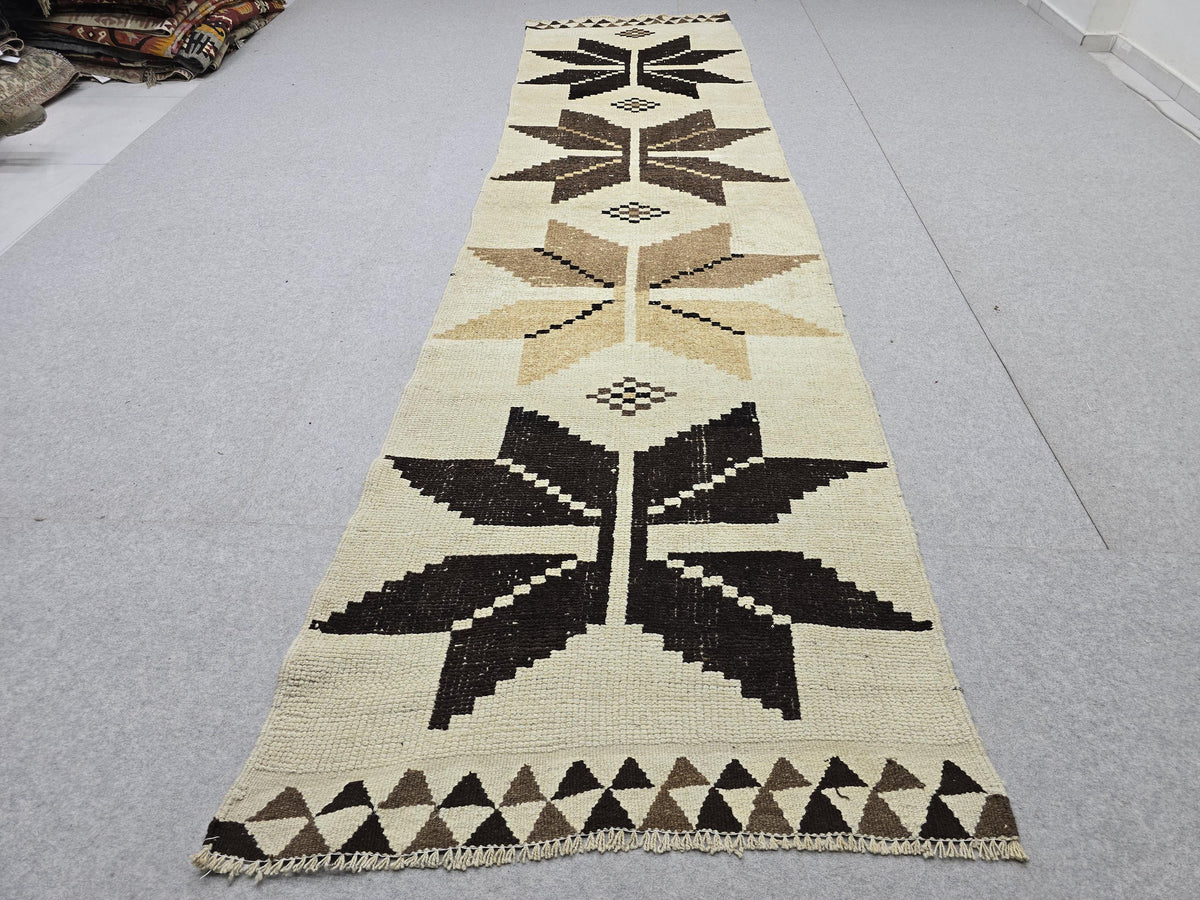 Turkish Runner Rug 3x12, Vintage Ivory Brown Hallway Runner, Tribal Star Geometric Wool Corridor Carpet, Boho Farmhouse Decor