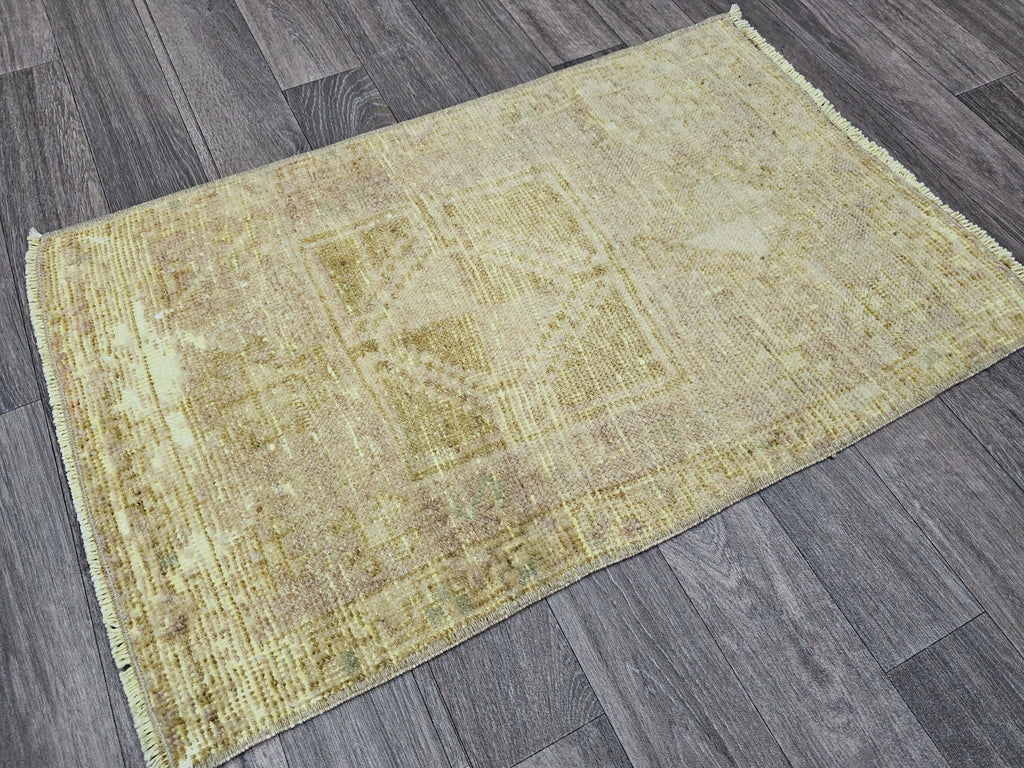 Hand Knotted Wool Bath Mat: 21x33 Neutral Vintage Turkish Oushak Rug
