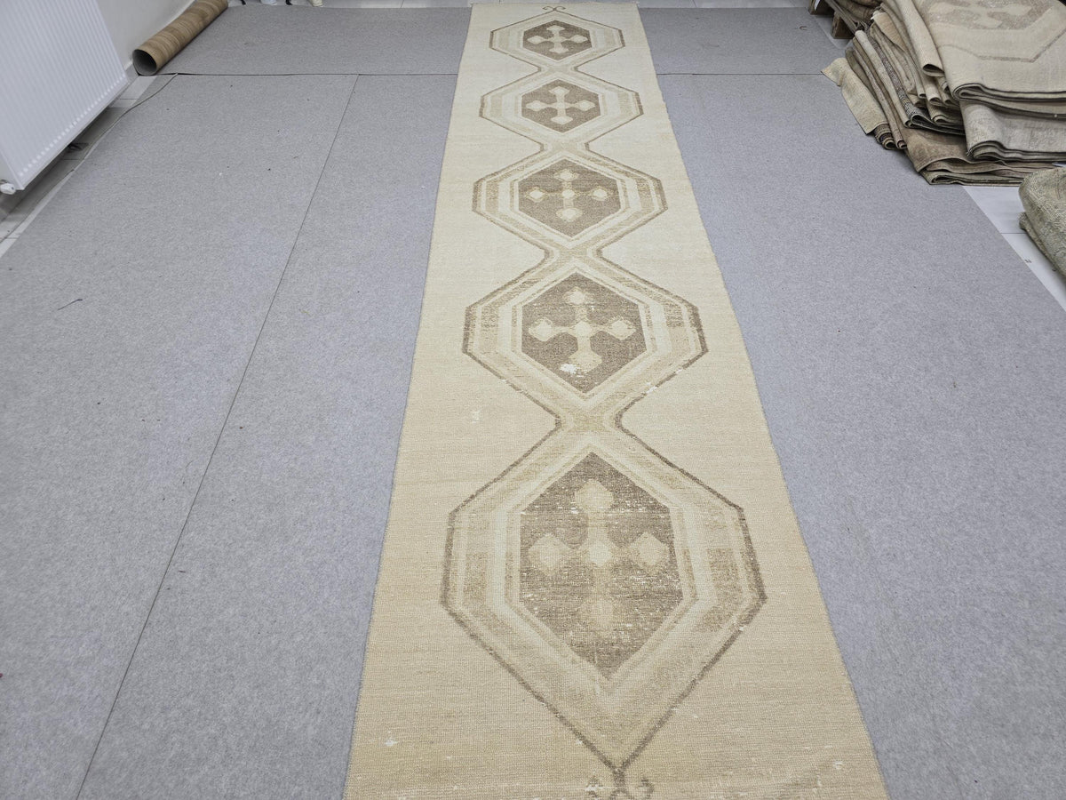 3x15 Turkish Runner Rug, Neutral Faded Vintage Wool Hallway Runner, Extra Long Distressed Anatolian Medallion Corridor Rug, Boho Decor