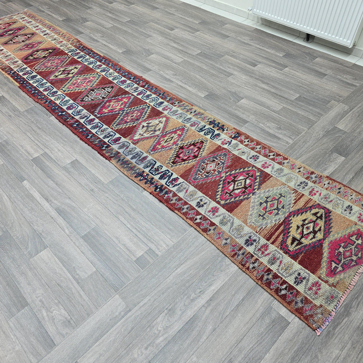 Vintage Turkish Runner Rug: Handwoven Wool Kilim, Bohemian Home Decor (2.5x13 ft