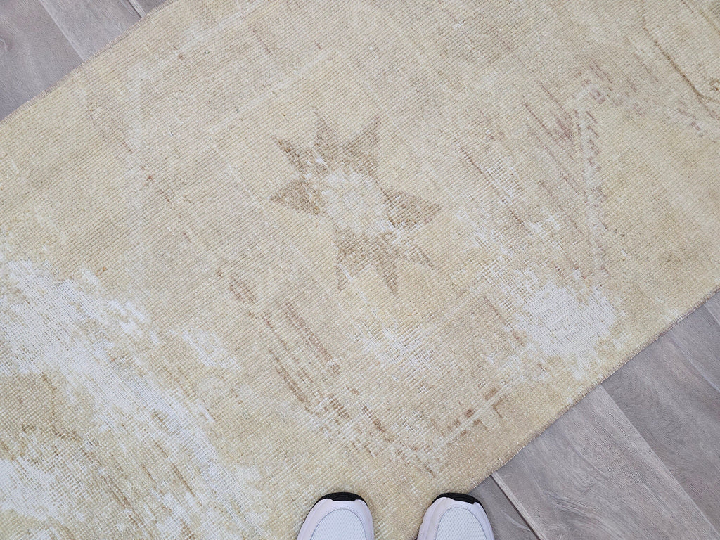 Antique Turkish Oushak Runner Rug: Beige Cream Wool, 3x12 ft