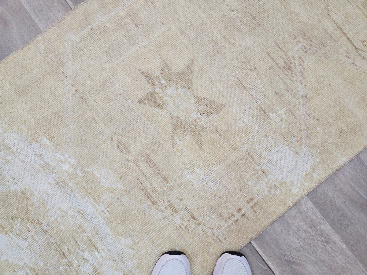 Antique Turkish Oushak Runner Rug: Beige Cream Wool, 3x12 ft