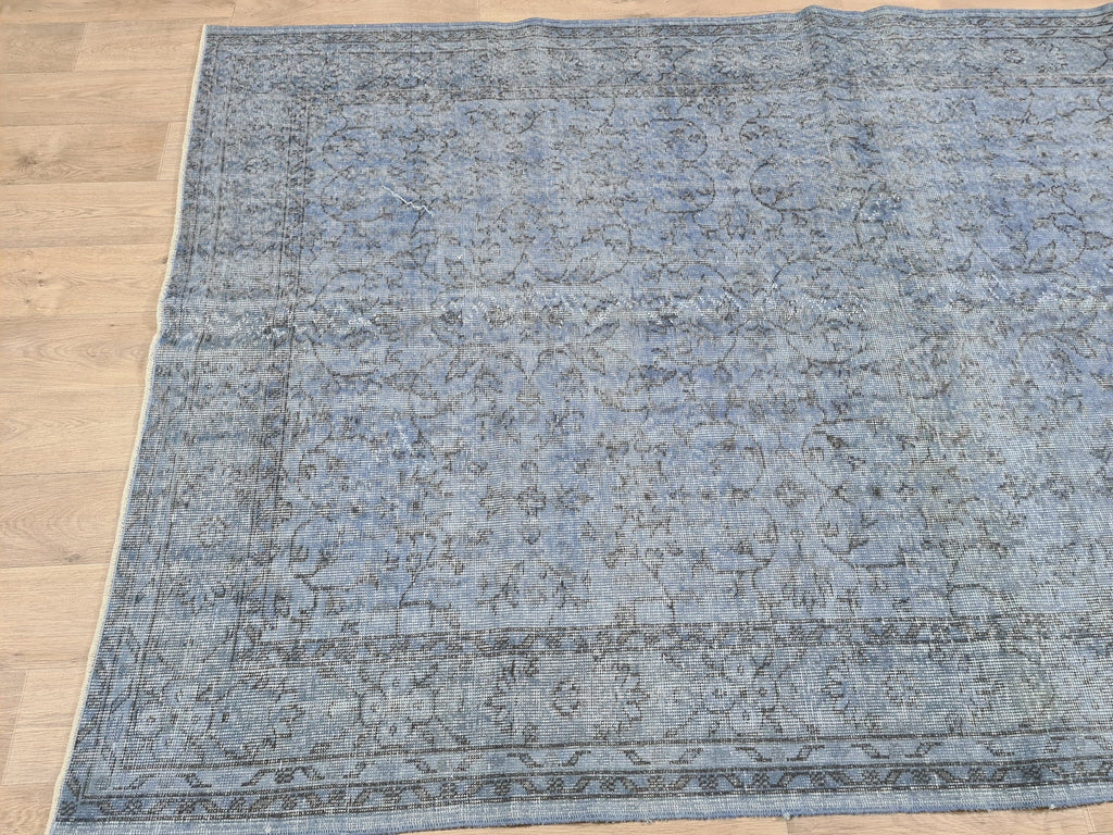 Hand Knotted Vintage Turkish Wool Rug: 6x9 Blue Oushak Carpet