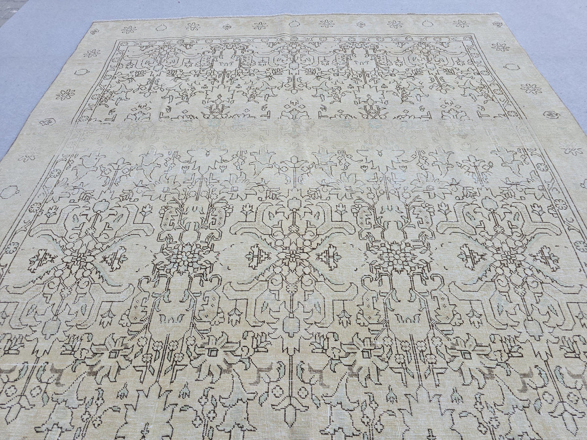 8.70x12.20 feet Cream Beige Floral Hand Knotted Vintage Turkish Wool Area Rug