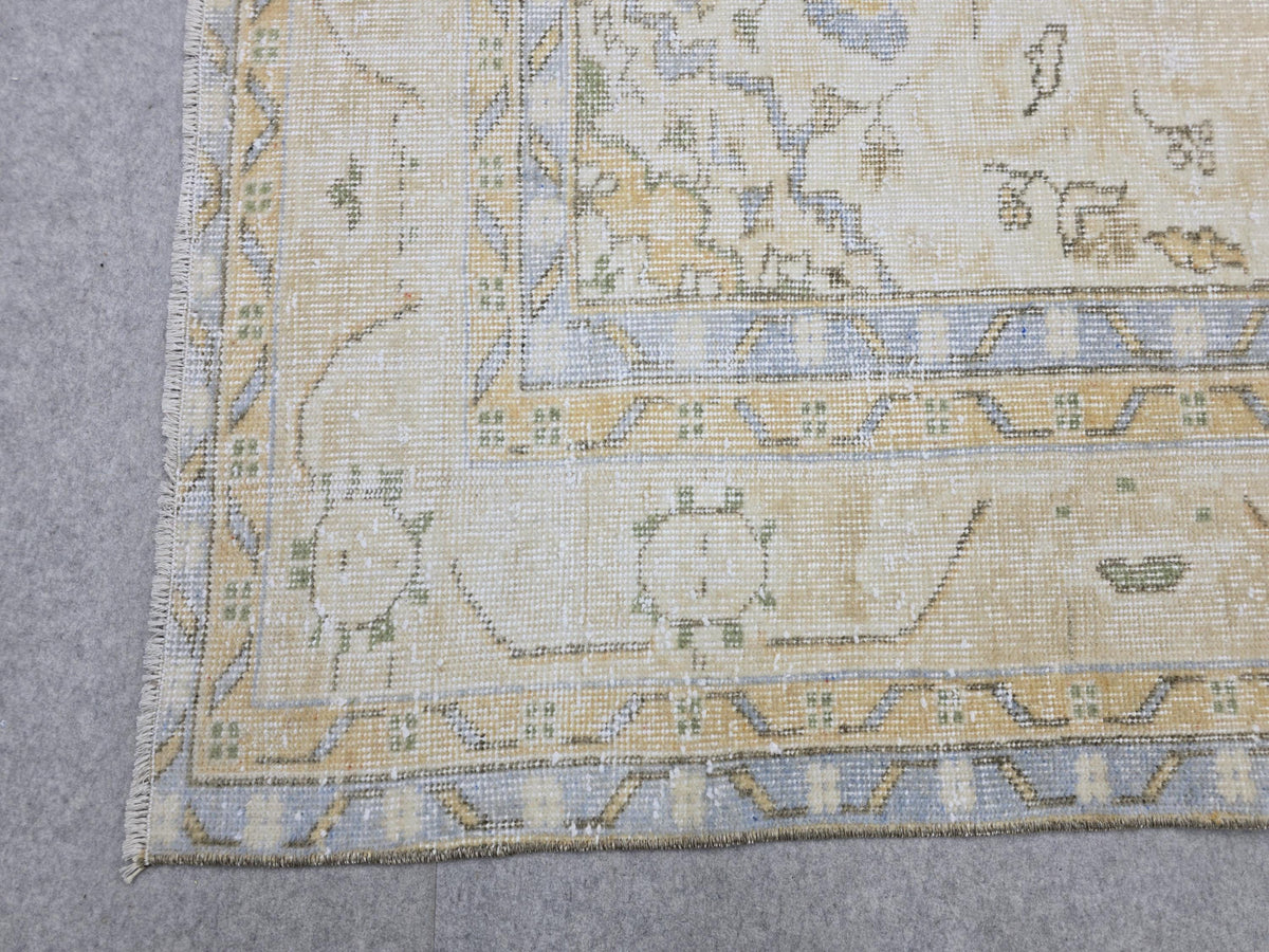 Vintage Turkish Oushak Rug 7x10, Cream Floral Wool Carpet