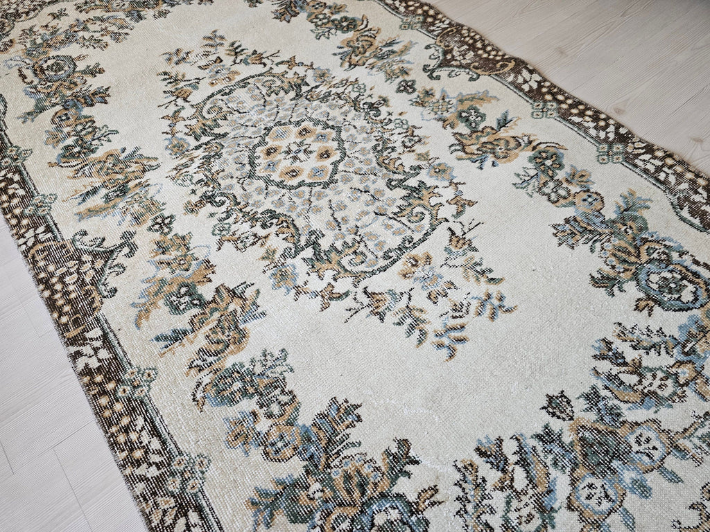 4x7 Vintage Turkish Oushak Rug Cream Brown Neutral Rug