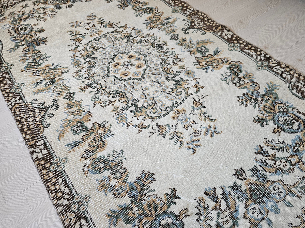 4x7 Vintage Turkish Oushak Rug Cream Brown Neutral Rug