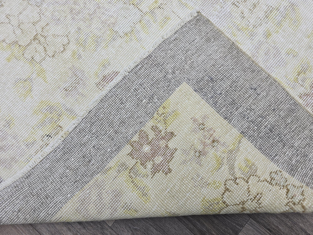 Vintage Oushak Rug: 4x7 Handknotted Wool Ivory Cream Floral Turkish Carpet