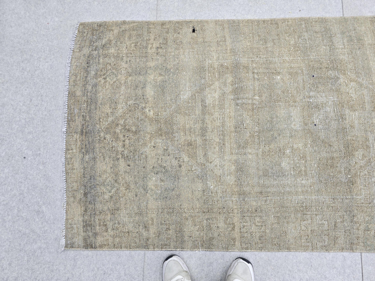 Turkish Runner Rug 3.5x11, Olive Sage Earth Tone Hallway Runner, Faded Wool Kitchen Runner, Tribal Corridor Rug for Dining Room Decor