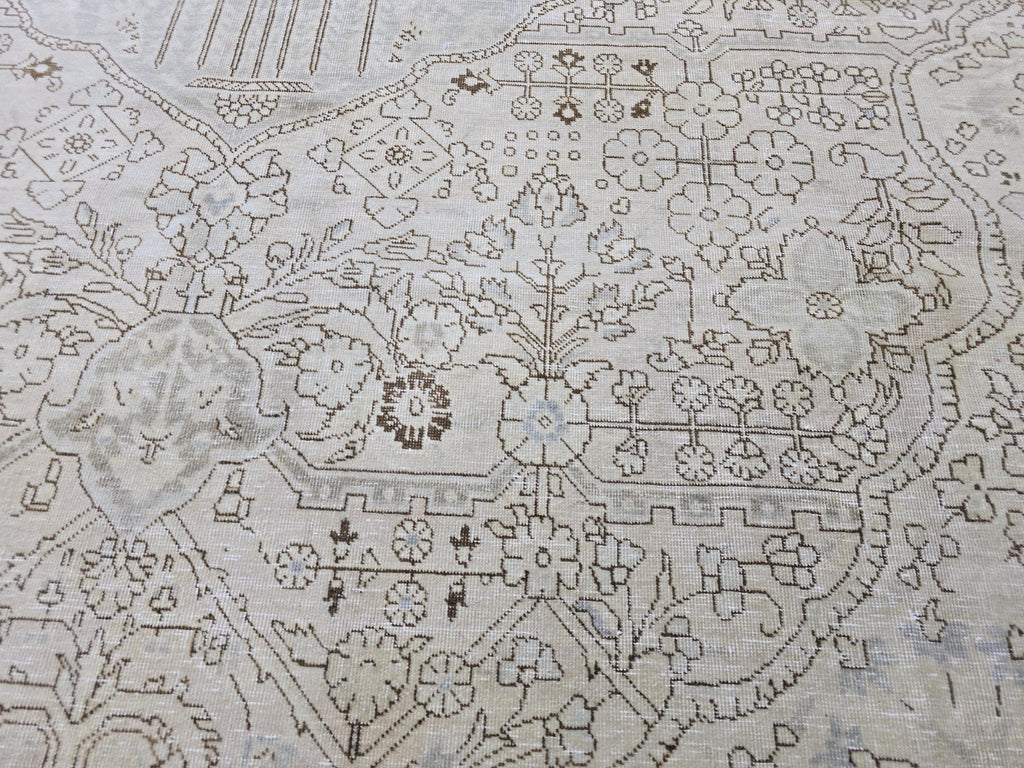Oushak Rug 9x12, Muted Beige Cream Vintage Turkish Area Rug, Medallion Floral Wool Rug for Living Room