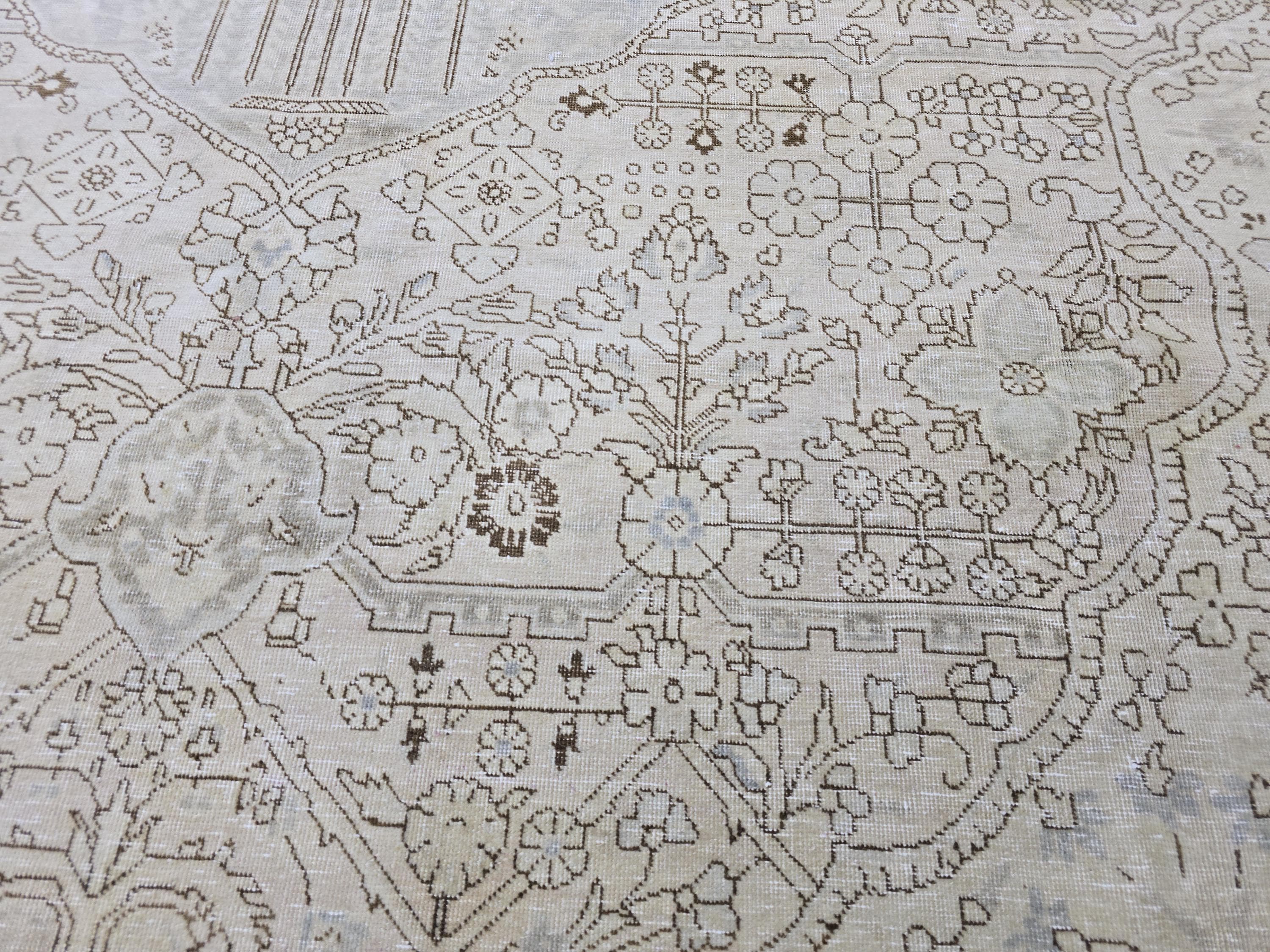 Oushak Rug 9x12, Muted Beige Cream Vintage Turkish Area Rug, Medallion Floral Wool Rug for Living Room