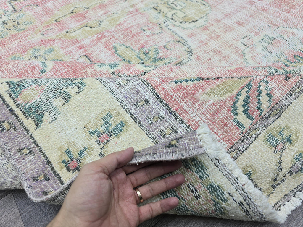 6x9 Vintage Turkish Oushak Rug: Pink Floral Wool Carpet