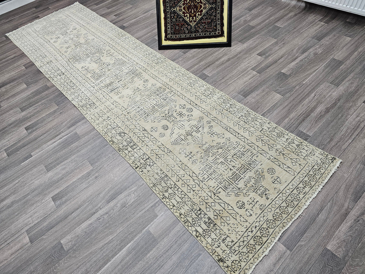 Vintage Oushak Runner Rug: 3x12 Hand-Knotted Wool Turkish Hallway Rug
