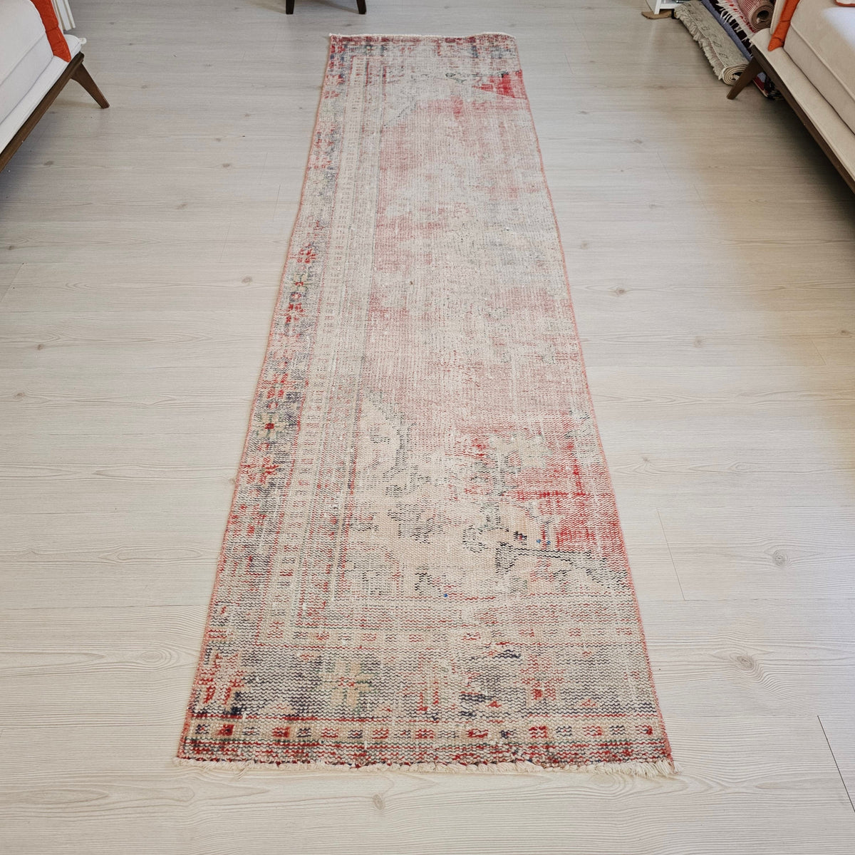 2x9 Vintage Turkish Runner Rug: Muted pastel Color Handwoven Wool Oushak Runner, 9 feet Faded Hallway Rug