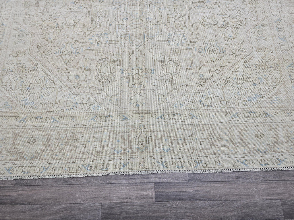 Handmade Distressed Turkish Area Rug: 9.3x12 ft, Faded Neutral Wool