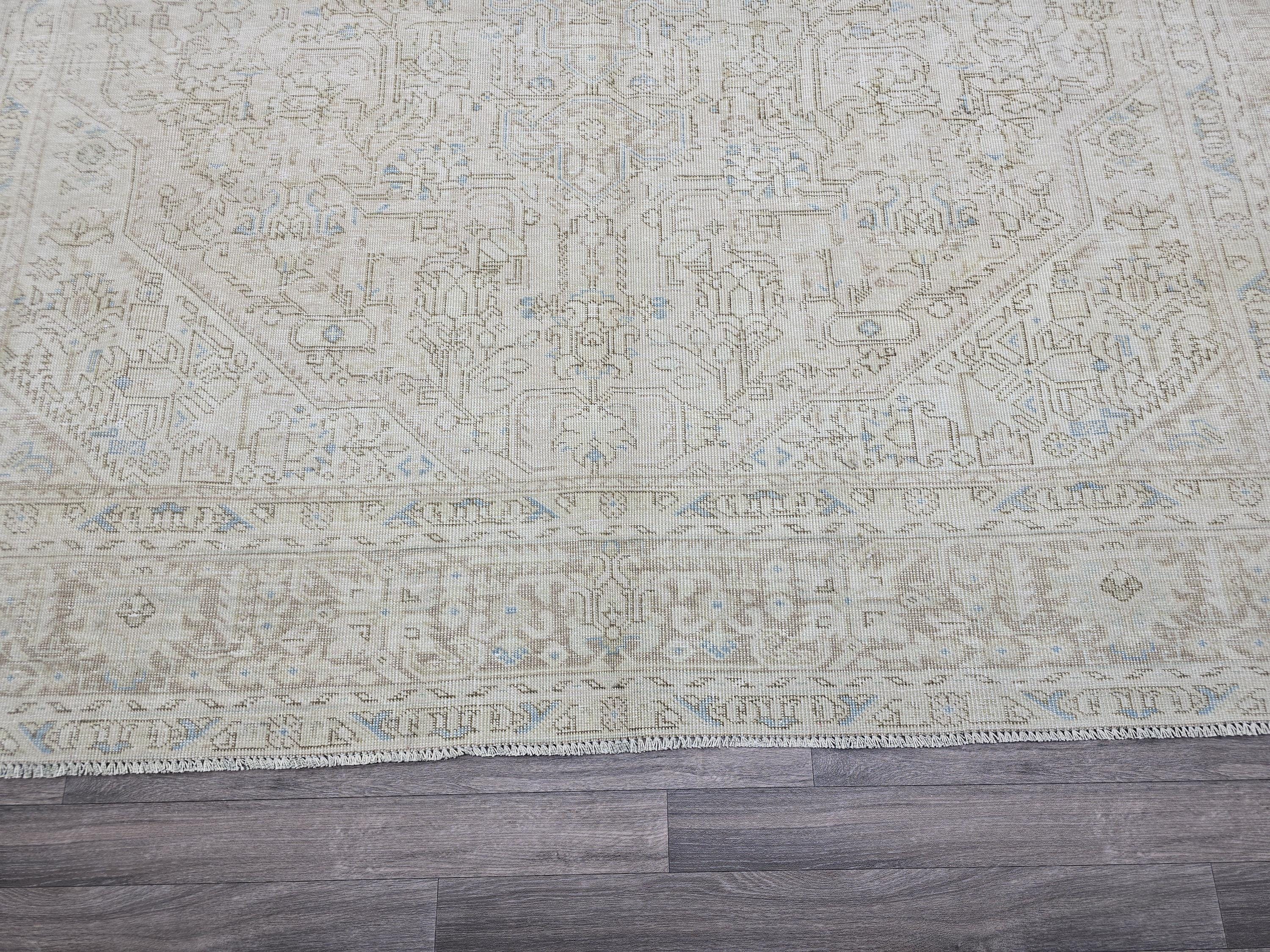 Handmade Distressed Turkish Area Rug: 9.3x12 ft, Faded Neutral Wool