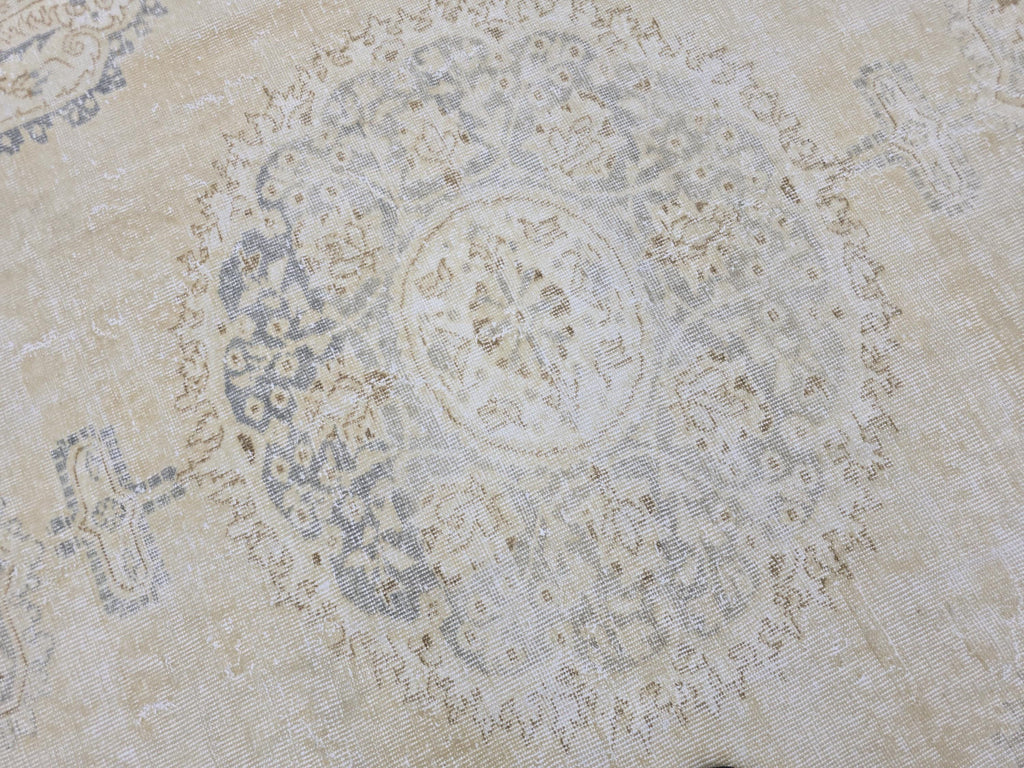 Oushak Rug 7x10, Beige Medallion Antique Turkish Carpet, Faded Muted Handknotted Wool Rug for Living Room Office