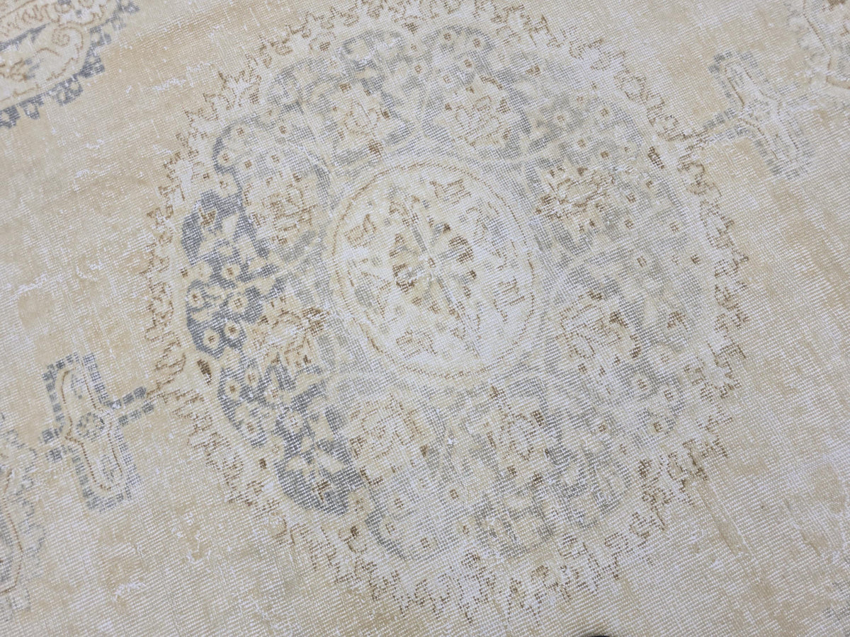 Oushak Rug 7x10, Beige Medallion Antique Turkish Carpet, Faded Muted Handknotted Wool Rug for Living Room Office