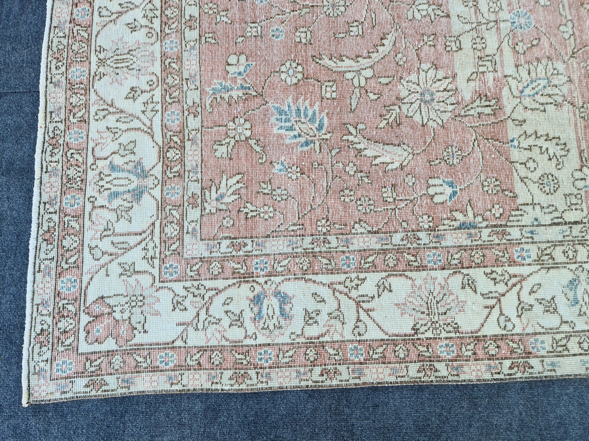 Muted Oushak Pink Rug: 6.85x9.85 ft, Handmade Vintage Turkish Floral Wool Carpet