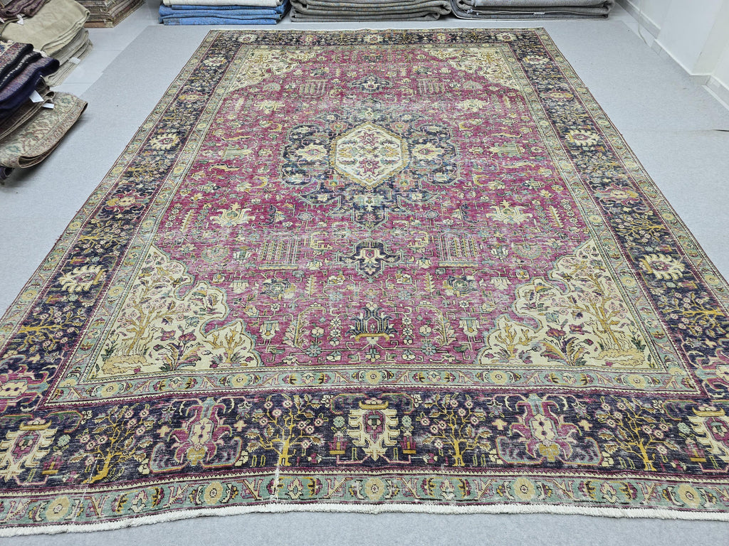 Hand Knotted Oushak Rug 9x13, Bold Magenta Floral Turkish Wool Carpet