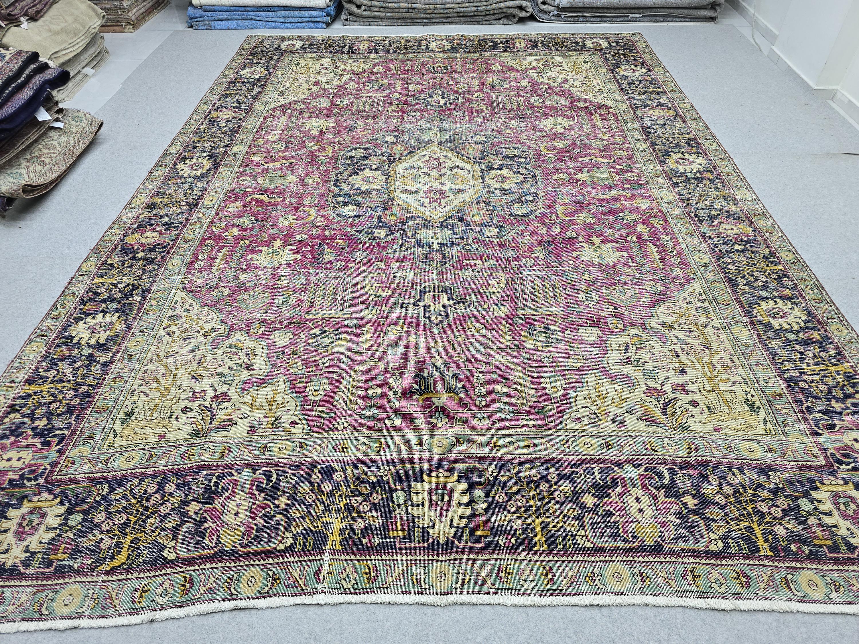 Hand Knotted Oushak Rug 9x13, Bold Magenta Floral Turkish Wool Carpet