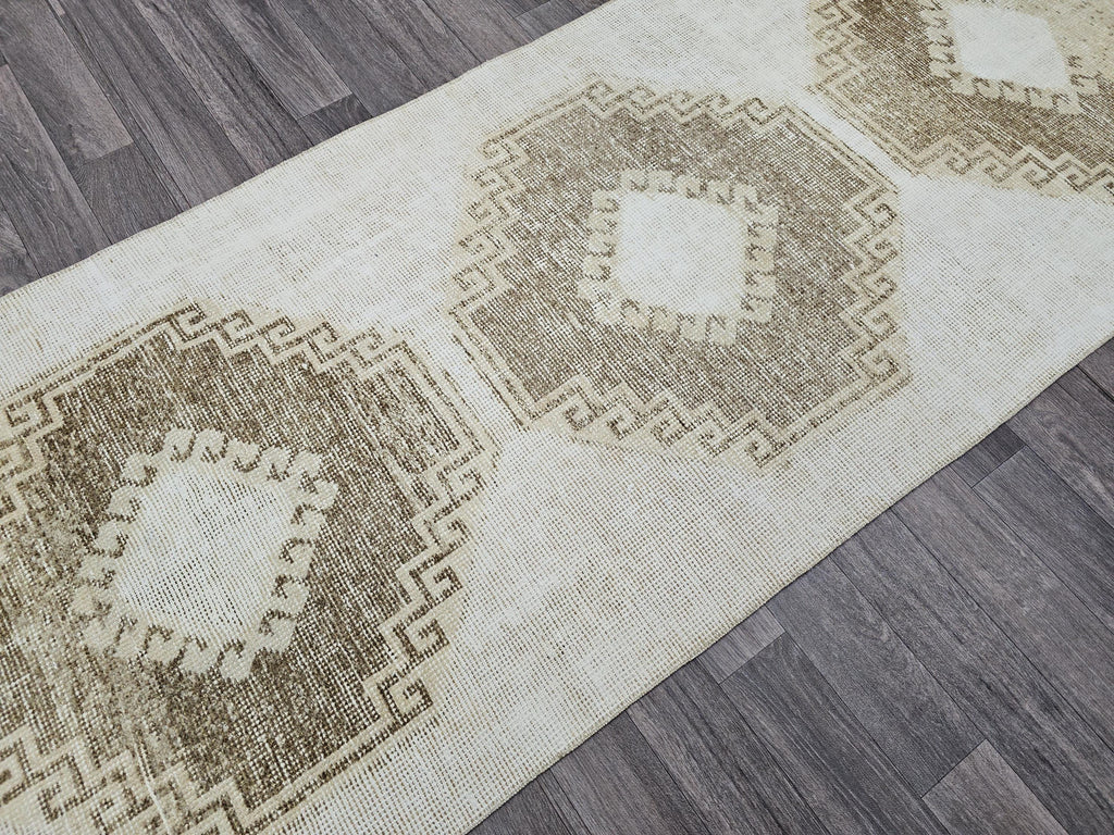 Hand Knotted Wool Turkish Runner 3x12: Neutral Oushak Hallway Rug