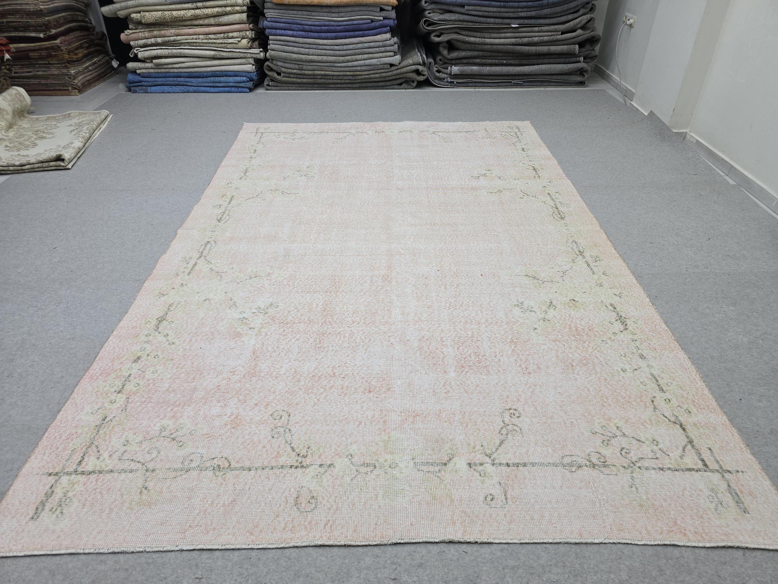 Oushak Rug 7x10, Faded Blush Pink Hand Knotted Turkish Area Rug, Muted Neutral Wool Carpet, Boho Bedroom Living Room Farmhouse Decor