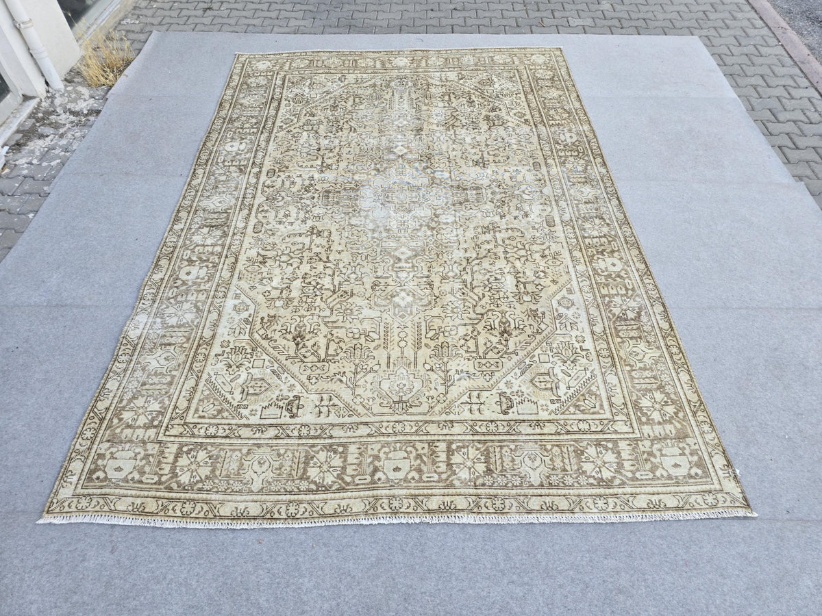 Vintage Turkish Rug, Neutral Beige 8x11 Area Rug, Handwoven Distressed Medallion Rug