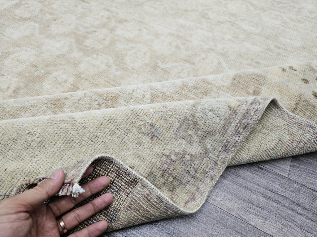 Neutral Oushak Runner Rug: Wide Long Turkish Vintage Wool Runner (3.60 X 12.75 feet)