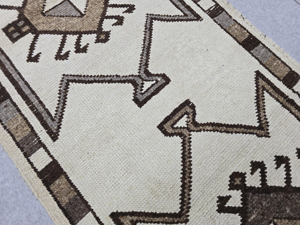 Turkish Rug 3x12 Runner, Hand Knotted Vintage Wool Hallway Runner, Neutral Ivory Brown Tribal Anatolian Stair Runner Boho Decor