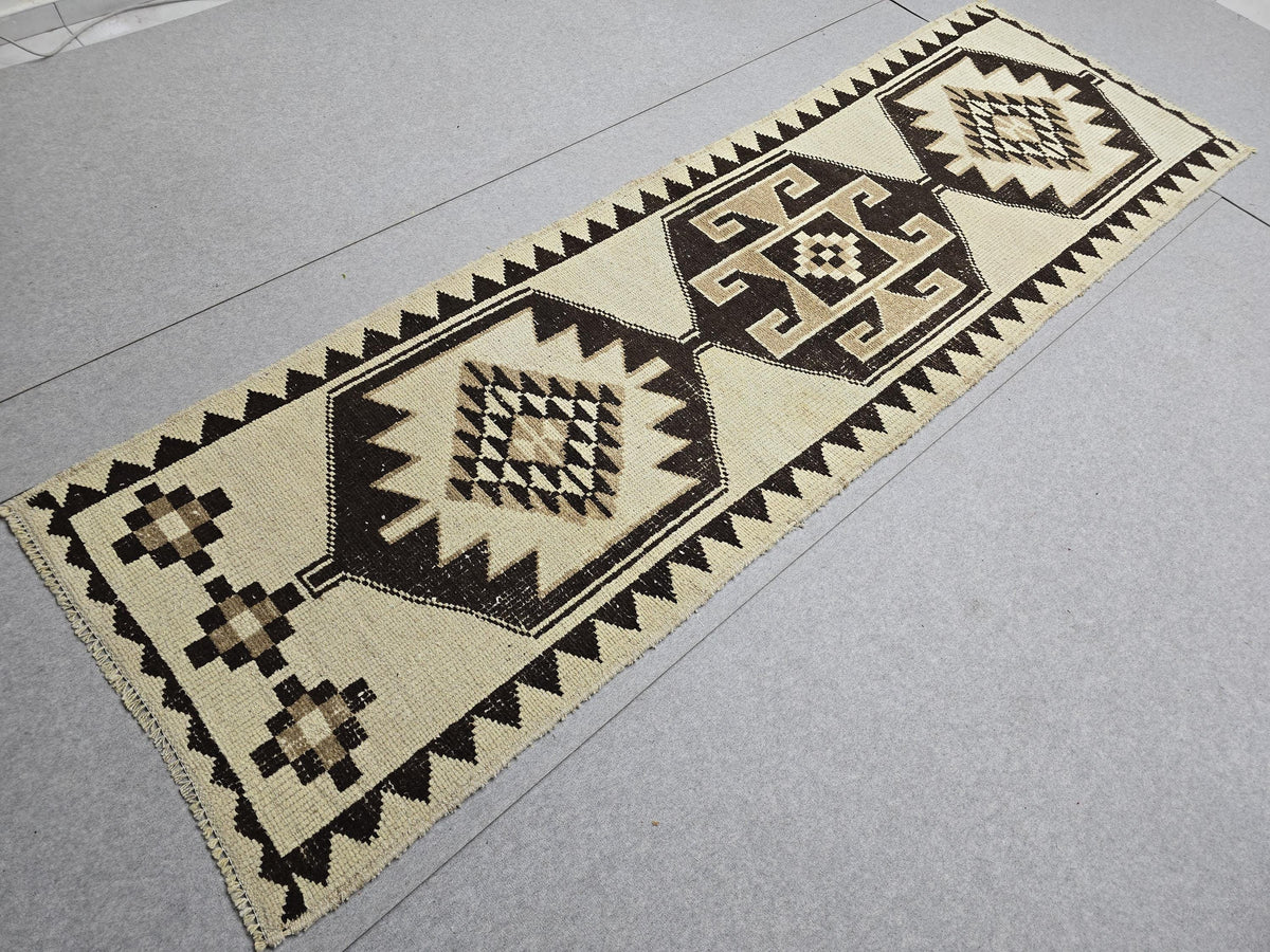 3x10 Vintage Turkish Runner Rug 3x10, Hand Knotted Tribal Wool Runner, Cream Brown Hallway Rug, Anatolian Oushak Runner, Boho Kitchen Runner