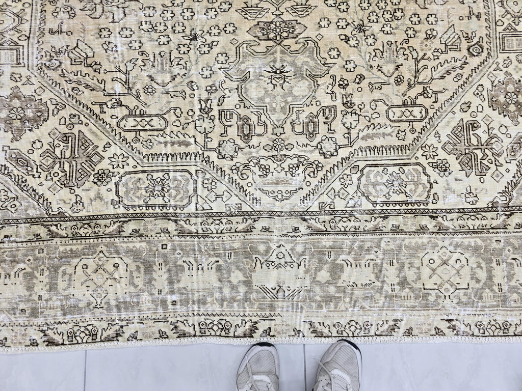 Turkish Rug 8x10, Distressed Grey Beige Vintage Area Rug, Hand Knotted Wool Carpet with Tribal Medallion for Living Room, Hallway