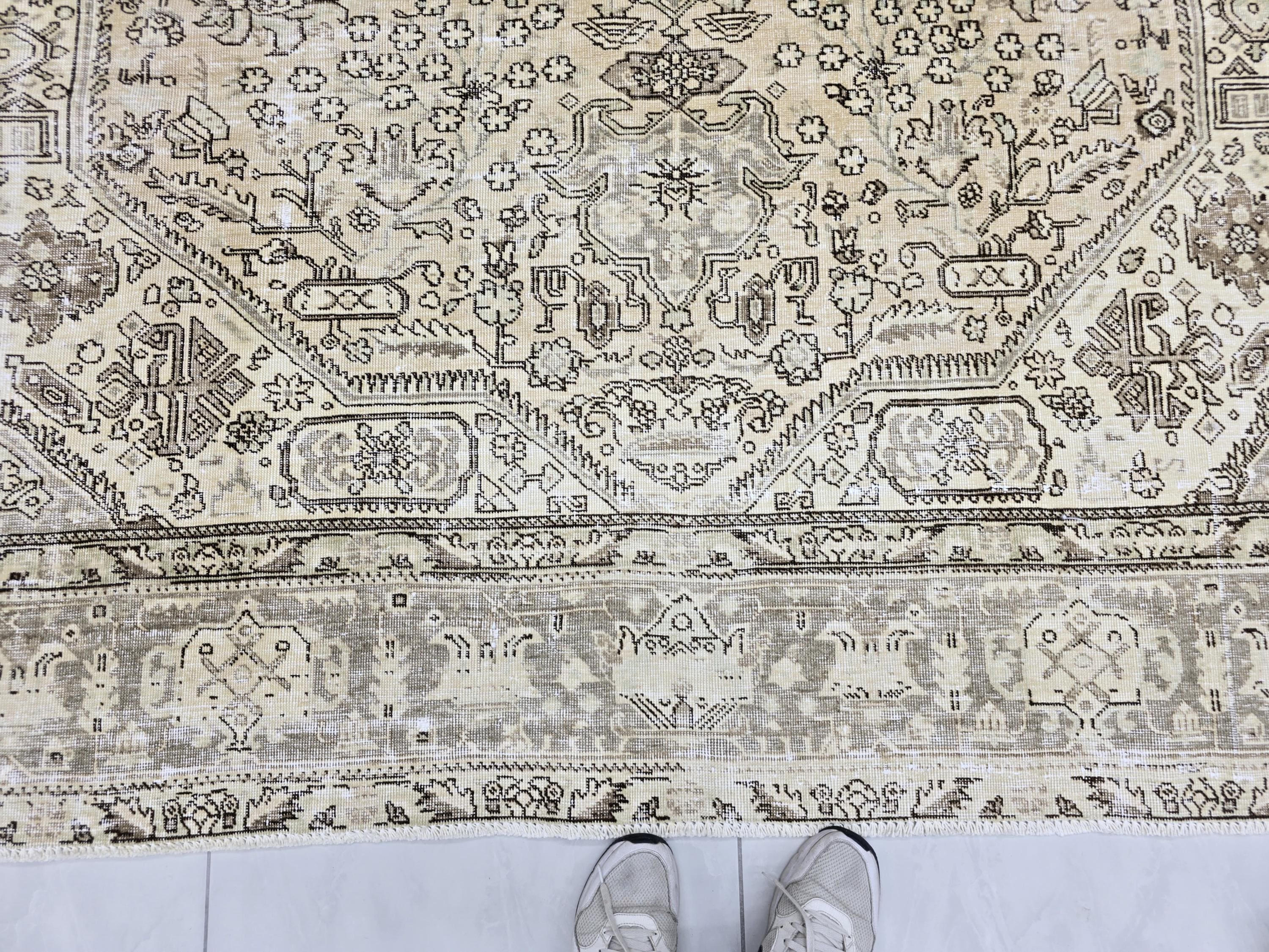 Turkish Rug 8x10, Distressed Grey Beige Vintage Area Rug, Hand Knotted Wool Carpet with Tribal Medallion for Living Room, Hallway