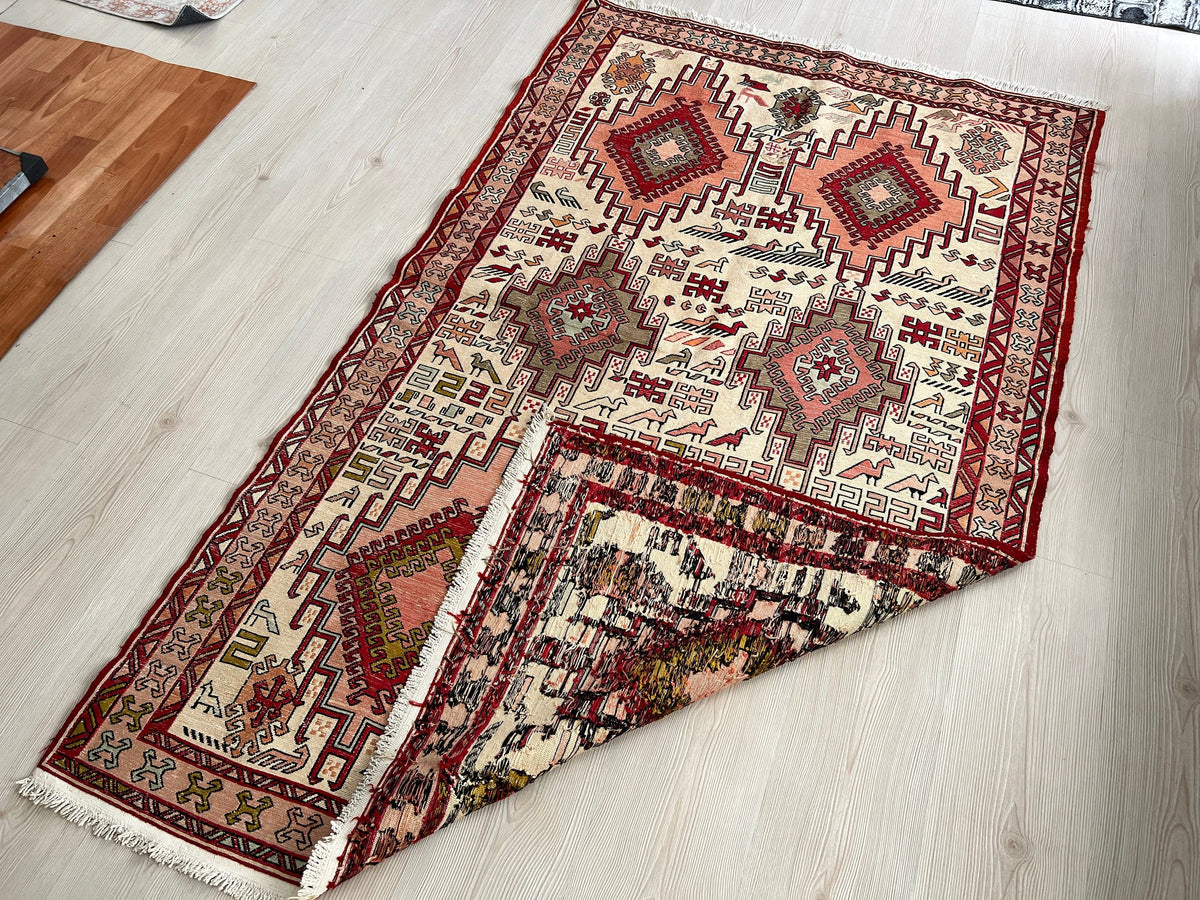 Hand Woven Silk Soumak Rug: Vintage Anatolian Animal Print (4x6)