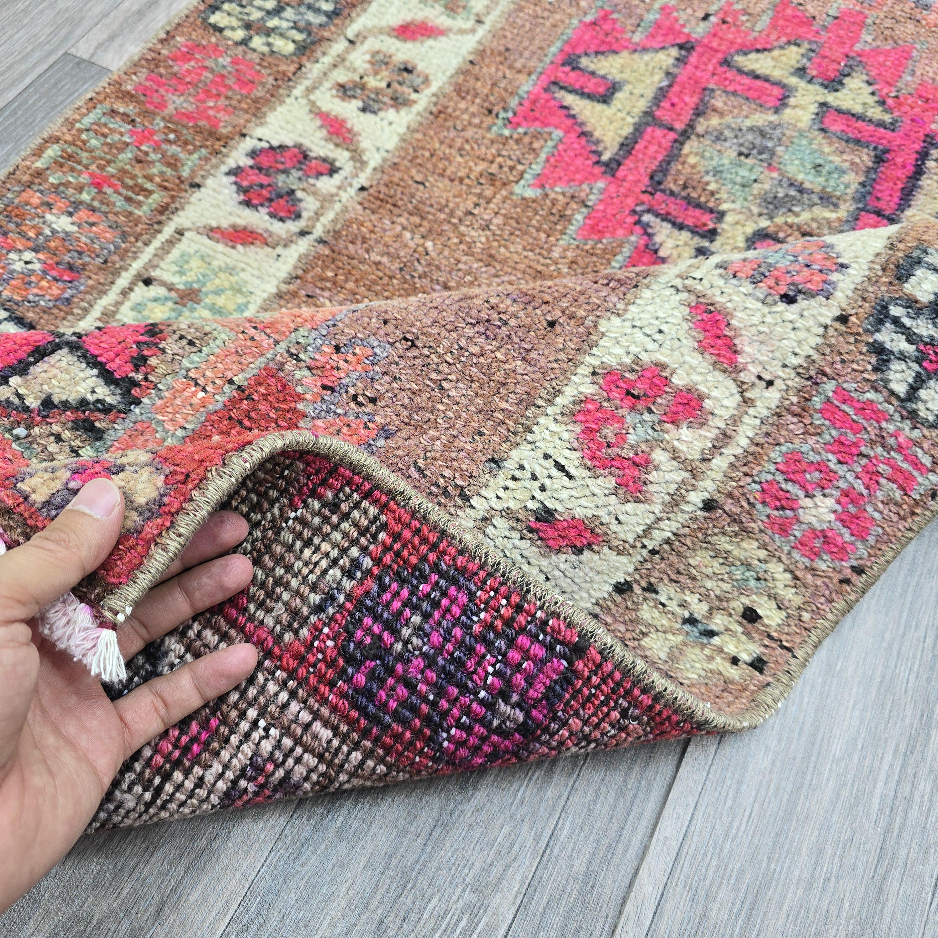 Vintage Turkish Oushak Runner Rug: Pink & Blue Wool Hallway Carpet