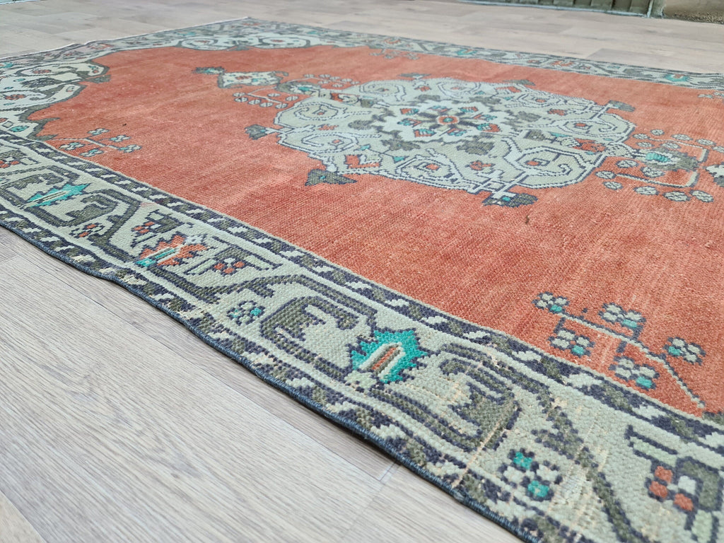 Hand Knotted Wool Turkish Rug: 5x8 Vintage Oushak Accent Rug