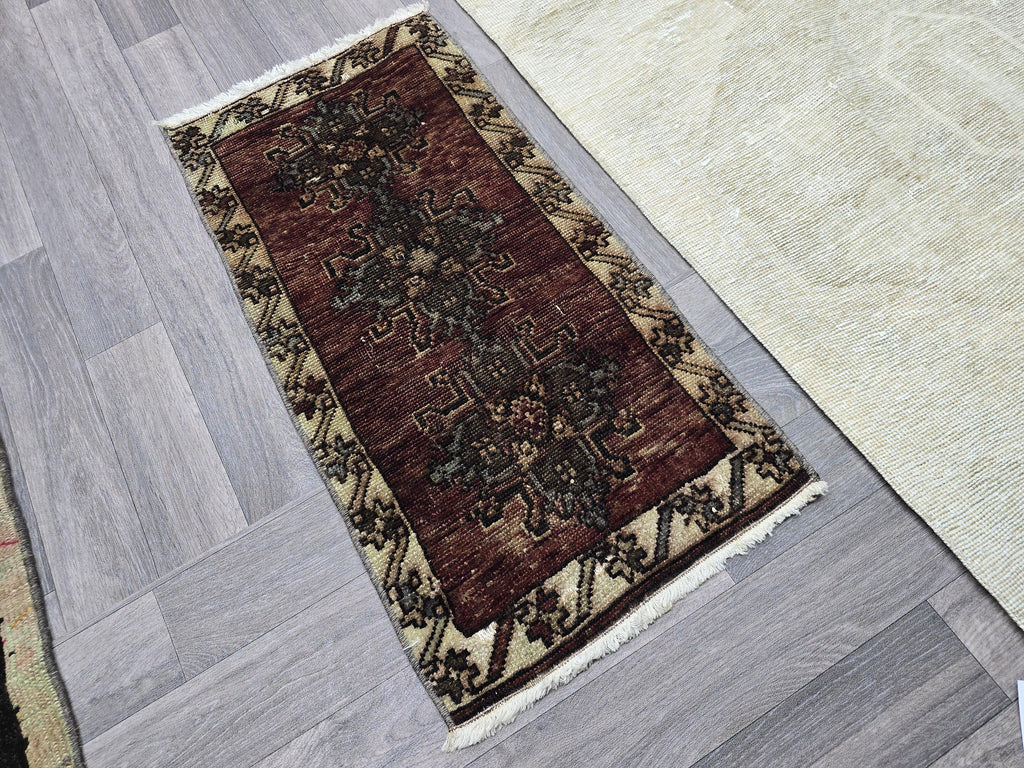 Vintage Turkish Wool Rug 2x3: Brown Beige Oushak Medallion Entry Mat