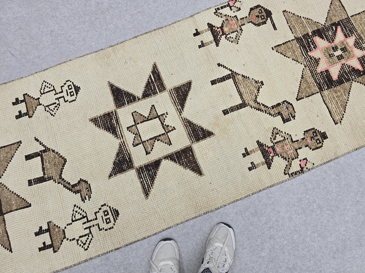 3x13 Vintage Runner Rug, Ivory Cream Diamond Tribal Hallway Carpet, Neutral Geometric Wool Long Runner, Boho Scandinavian Decor Animal Rug