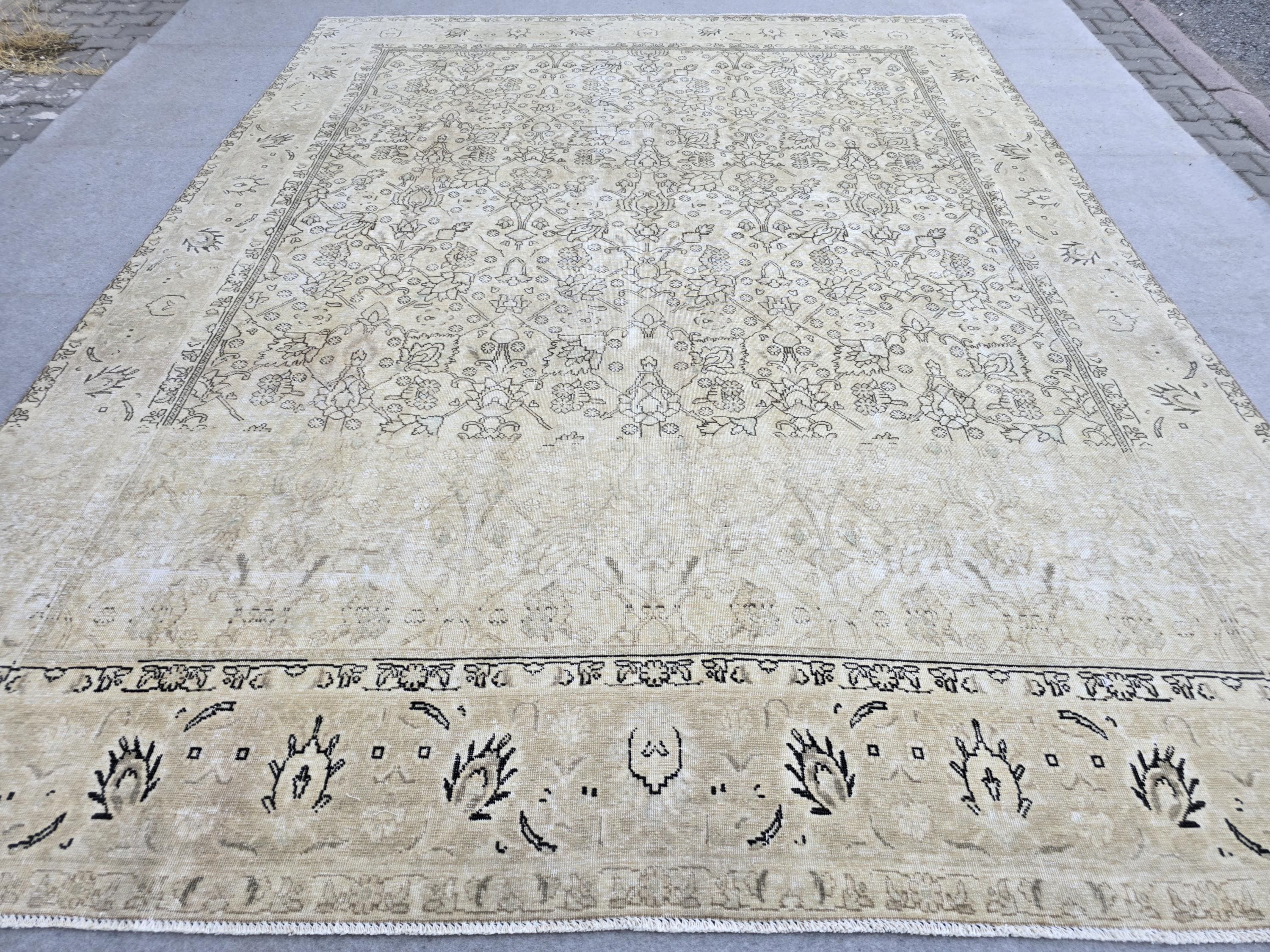 Turkish Rug 10x12, Faded Wheat Beige Wool Area Rug, Neutral All Over Floral Carpet for Living Room, Dining Room, Boho Rustic Decor