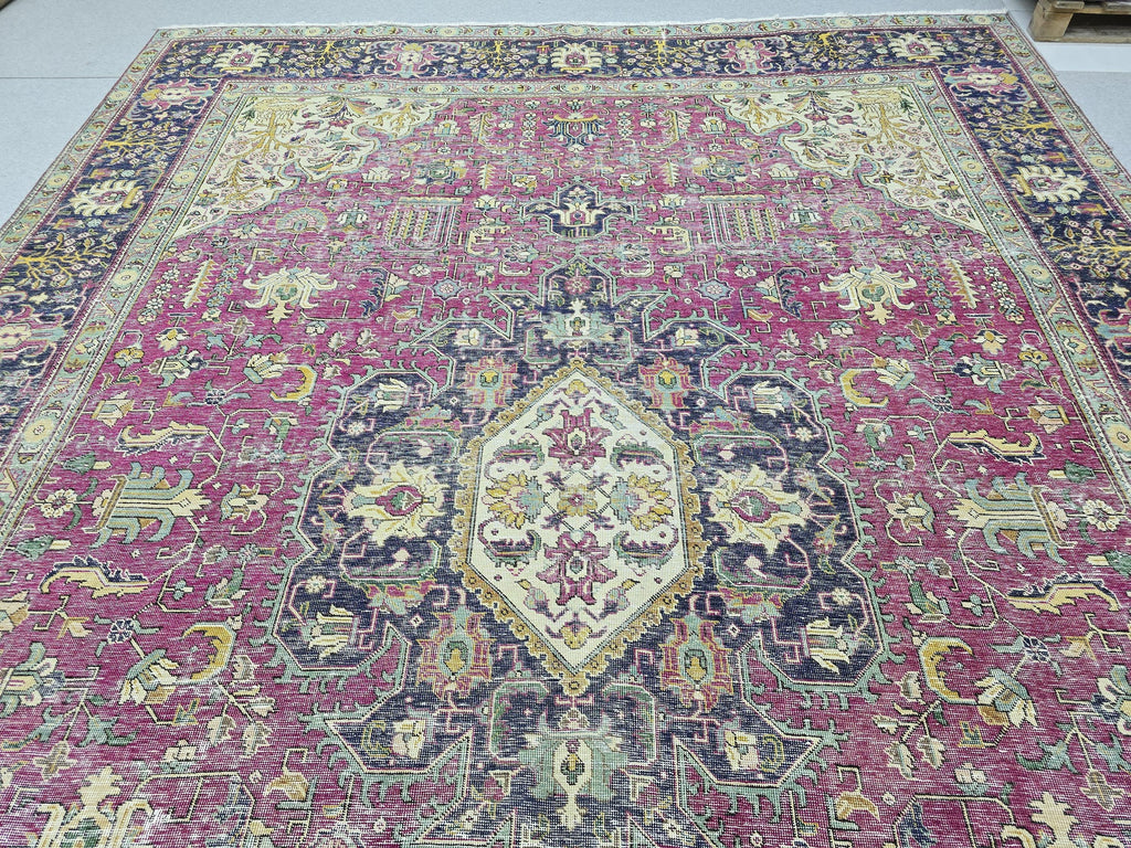 Hand Knotted Oushak Rug 9x13, Bold Magenta Floral Turkish Wool Carpet