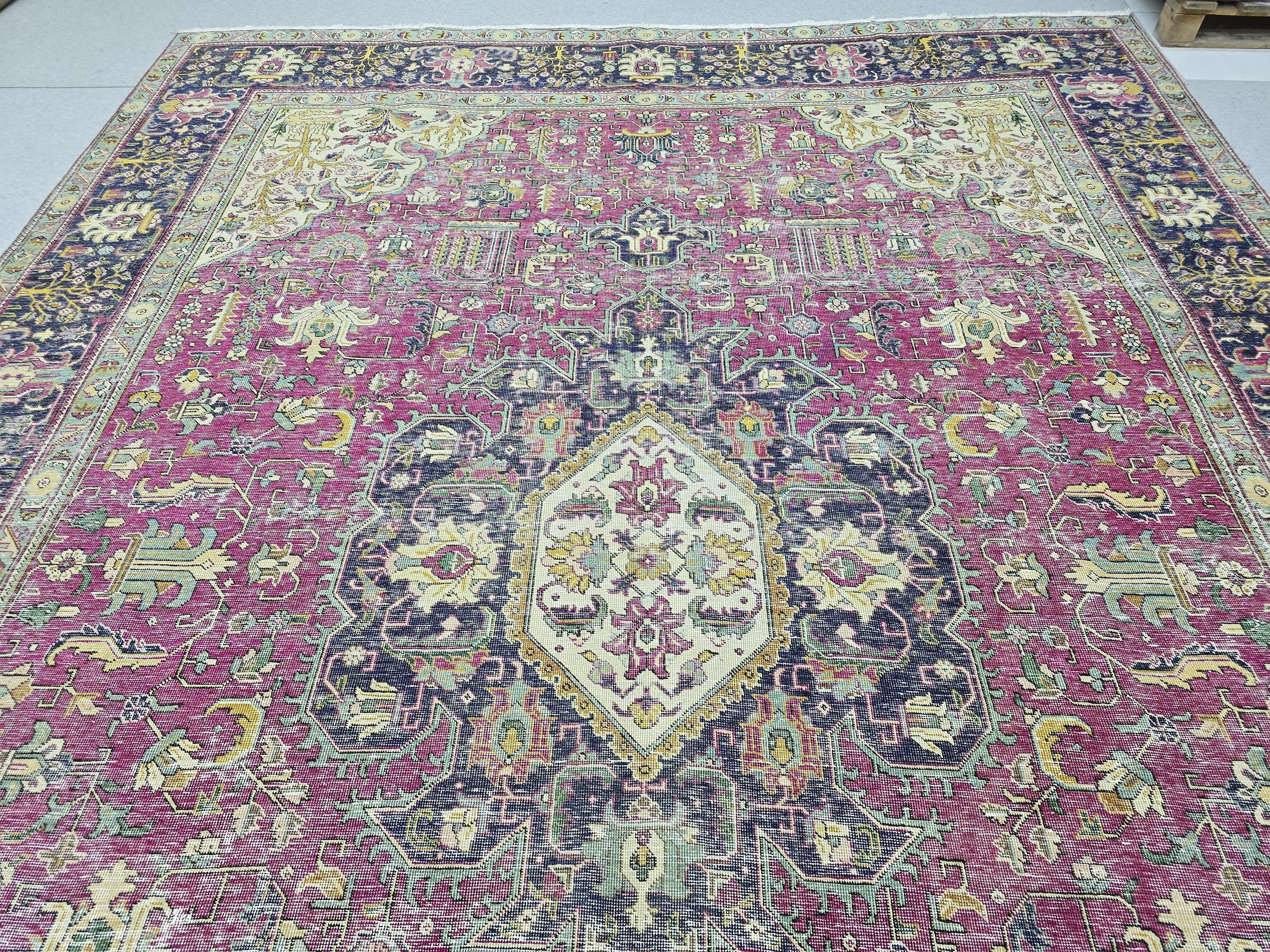 Hand Knotted Oushak Rug 9x13, Bold Magenta Floral Turkish Wool Carpet