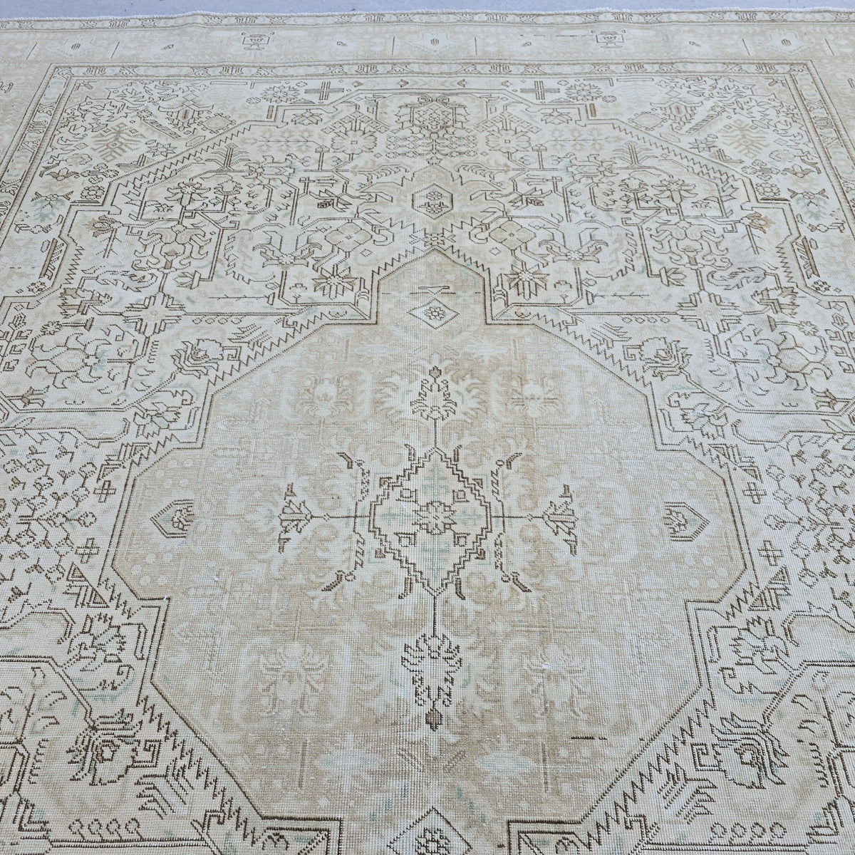 Turkish Rug 9x12 Neutral Beige Geometric Carpet Hand Knotted Living Room Area Rug